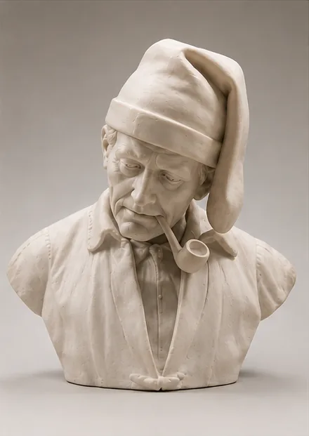 Busto em porcelana branca de um pescador com gorro e pipa, obra de Francisco Teixeira, acervo do Museu Vista Alegre